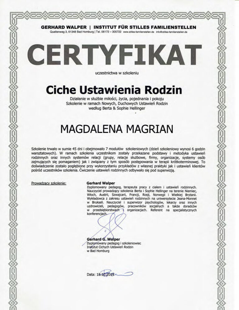 Certyfikat Ciche Ustawienia Rodzin Magdalena Magrian - Gerhard Walper